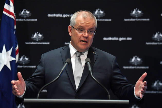 SCOTT MORRISON CORONAVIRUS UPDATE, Prime Minister Scott Morrison gives a coronavirus update at a press conference at Parliament House in Canberra, Thursday, April 16, 2020. ( NO ARCHIVING, EDITORIAL USE ONLY, NO USE IN BOOKS WITHOUT CONSENT Canberra ACT AUSTRALIA  Copyright: xMICKxTSIKASx 20200416001463732377