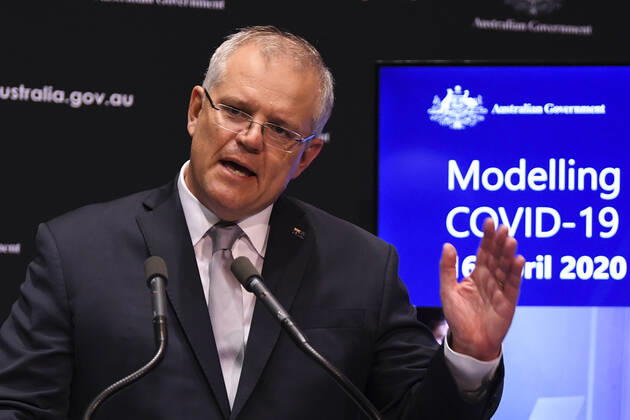 SCOTT MORRISON CORONAVIRUS UPDATE, Australian Prime Minister Scott Morrison speaks to the media during a press conference at Parliament House in Canberra, Thursday, April 16, 2020. ( NO ARCHIVING, EDITORIAL USE ONLY, NO USE IN BOOKS WITHOUT CONSENT CANBERRA ACT AUSTRALIA  Copyright: xLUKASxCOCHx 20200416001463735436