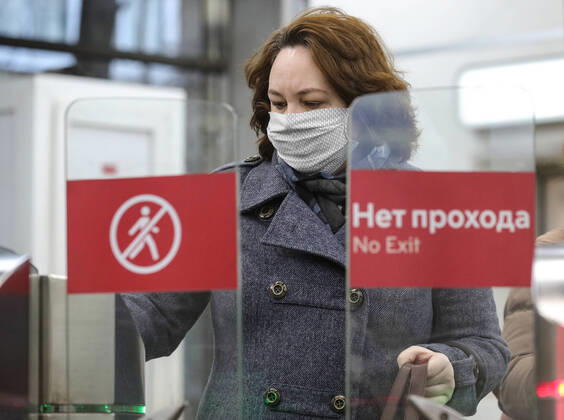 MOSCOW, RUSSIA - APRIL 16, 2020: A woman at Rechnoi Vokzal Station of the Moscow Metro amid the self-isolation regime. Sergei Bobylev TASS  TS0D5ED5