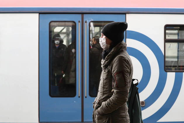 MOSCOW, RUSSIA - APRIL 16, 2020: A woman at Vykhino Station of the Moscow Metro amid the self-isolation regime. Stanislav Krasilnikov TASS  TS0D5EF6
