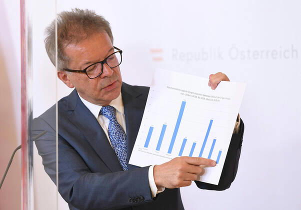 Wien 16.04.2020, Bundeskanzleramt, Wien, AUT, Akutelle Entwicklungen zur Coronaerkrankung in Oesterreich, Pressekonferenz zum Thema Eindaemmung, im Bild Gesundheitsminister Rudolf Anschober (Gruene) Gesundheitsminister Rudolf Anschober (Gruene) during a press conference on the subject Containment of Austrian Goverment about the Coronavirus Pandemie at the Bundeskanzleramt in Wien, Austria on 2020 04 16.