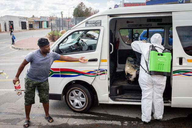 (200416) -- JOHANNESBURG, April 16, 2020 (Xinhua) -- A staff member disinfects a car in Johannesburg, South Africa, April 16, 2020. South Africa on Wednesday reported seven more deaths from the novel coronavirus, bringing the death toll to 34. The total number of confirmed cases in the country surged to 2,506, up by 91 from Tuesday s announcement. (Photo by Yeshiel Xinhua) SOUTH AFRICA-JOHANNESBURG-COVID-19 