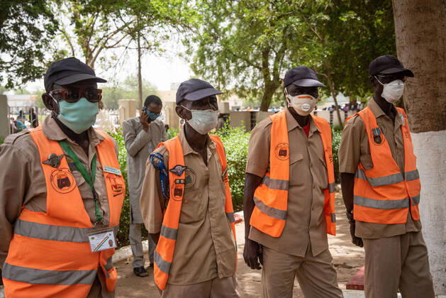 Employees of the technical services of the city of Niamey attend a donation ceremony. Donations from international NGOs (Non-Governmental Organizations) given to the city of Niamey continue to flow in the framework of the COVID-19 Preparation and Response Plan. Donations of sanitary equipment in particular (Soaps, kettles, Masks, ...) as here today given by a German NGO to the mayor and President of the Special Delegation of the city, Mr. Moctar Mamoudou.  NicolasxRemenex xLexPictorium LePictorium_0228008
