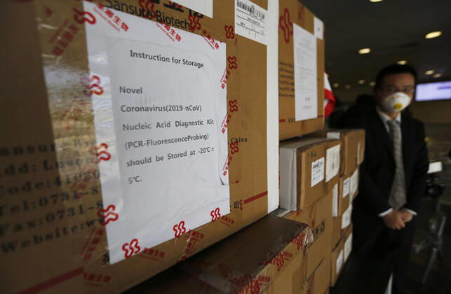 (200416) -- BEIRUT, April 16, 2020 (Xinhua) -- Photo taken on April 16, 2020 shows medical supplies donated by China in Beirut, Lebanon. TO GO WITH China donates testing kits, thermometers to help Lebanon fight COVID-19 . (Photo by Bilal Jawich Xinhua) LEBANON-COVID-19-CHINA-AID 