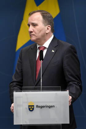 Swedish Prime Minister Stefan Lofven speaks during a news conference on the coronavirus disease COVID 19 situation, in Stockholm, Sweden April 16, 2020 Stockholm Sweden x11950x,  Copyright: xAlixLorestani xTTx SWE PM LOFVEN