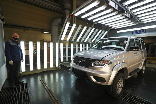 ULYANOVSK, RUSSIA - APRIL 16, 2020: A UAZ Patriot car assembled at the UAZ Ulyanovsk Automobile Plant, a subsidiary of Sollers. UAZ has resumed operation since April 13 in compliance with sanitary regulations; according to a decree by the Ulyanovsk Region government, not more than 25% of the staff, engineering personnel, and office workers are to continue working remotely. Yegor Aleyev TASS  TS0D6061