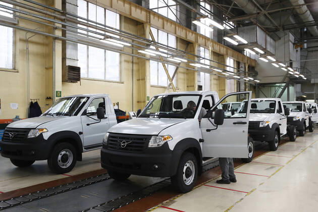 ULYANOVSK, RUSSIA - APRIL 16, 2020: UAZ Profi cars assembled at the UAZ Ulyanovsk Automobile Plant, a subsidiary of Sollers. UAZ has resumed operation since April 13 in compliance with sanitary regulations; according to a decree by the Ulyanovsk Region government, not more than 25% of the staff, engineering personnel, and office workers are to continue working remotely. Yegor Aleyev TASS  TS0D6062