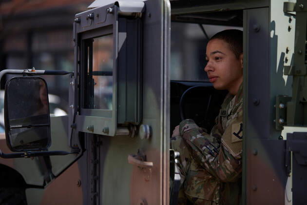April 16, 2020, Chelsea, Massachusetts, US: The Massachusetts National Guard has responded to the COVID-19, Corona Virus, situation in Chelsea, Massachusetts. Chelsea is a major hot spot, and the hardest hit city in the state. Chelsea is a Latin American immigrant heavy population with 80% of the population being essential workers, such as grocery clerks. The National Guard hands out food to local residents with donations from the Salvation Army. Chelsea US - ZUMAd211 20200416_zap_d211_006 Copyright: xAllisonxDinnerx