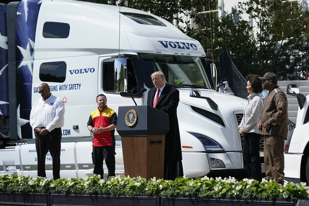 President Donald Trump makes remarks celebrating America s Truckers on the South Lawn of the White House in Washington, DC on Thursday, April 16, 2020. Trunks have stayed on the road to bring the necessary goods to the public during the Covid-19 stay at home orders.  WAX20200416104 ChrisxKleponis