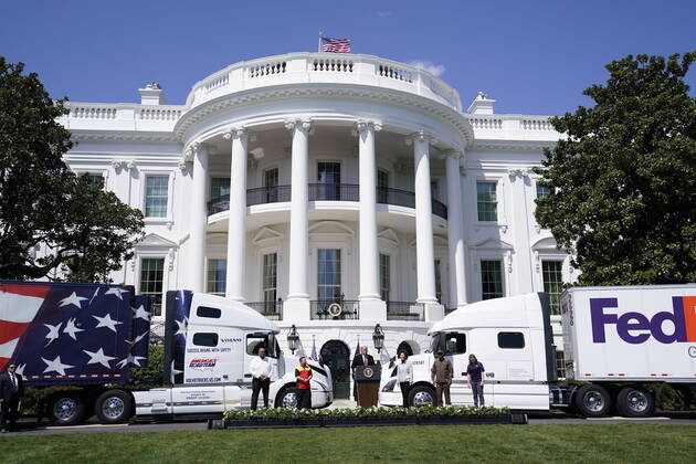 President Donald Trump makes remarks celebrating America s Truckers on the South Lawn of the White House in Washington, DC on Thursday, April 16, 2020. Trunks have stayed on the road to bring the necessary goods to the public during the Covid-19 stay at home orders.  WAX20200416110 ChrisxKleponis