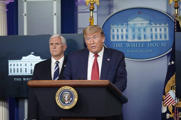 April 16, 2020, Washington, District of Columbia, USA: United States President Donald J. Trump participates in a news briefing with members of the Coronavirus Task Force at the White House in Washington, DC on April 16, 2020. At left is US Vice President Mike Pence Washington USA - ZUMAs152 20200416_zaa_s152_032 Copyright: xChrisxKleponisx
