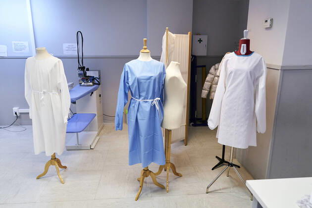 April 16, 2020, Madrid, Spain: A view of already made medical gowns at Rey Juan Carlos University..A group of teachers at Rey Juan Carlos University volunteer in making face masks and medical gowns to supply hospitals and nursing homes in need of them. Madrid Spain - ZUMAs197 20200416_zaa_s197_151 Copyright: xLeganxP.xMacex