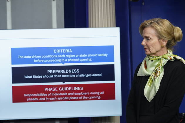 April 16, 2020, Washington, District of Columbia, USA: Dr. Deborah L. Birx, White House Coronavirus Response Coordinator looks at a chart during a Coronavirus Press Briefing at the White House in Washington, DC on April 16, 2020 Washington USA - ZUMAs152 20200416_zaa_s152_035 Copyright: xChrisxKleponisx