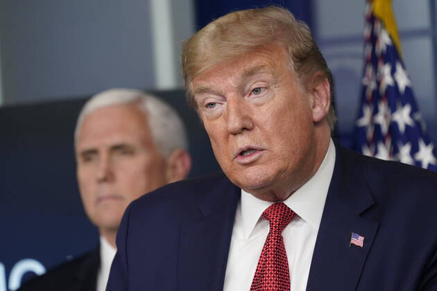 April 16, 2020, Washington, District of Columbia, USA: United States President Donald J. Trump participates in a news briefing with members of the Coronavirus Task Force at the White House in Washington, DC on April 16, 2020. At left is US Vice President Mike Pence Washington USA - ZUMAs152 20200416_zaa_s152_042 Copyright: xChrisxKleponisx
