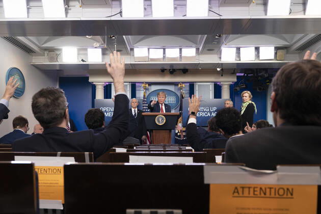 April 16, 2020, Washington, District of Columbia, USA: United States President Donald Trump participates in a news briefing with members of the Coronavirus Task Force at the White House in Washington, DC on April 16, 2020 Washington USA - ZUMAs152 20200416_zaa_s152_081 Copyright: xChrisxKleponisx