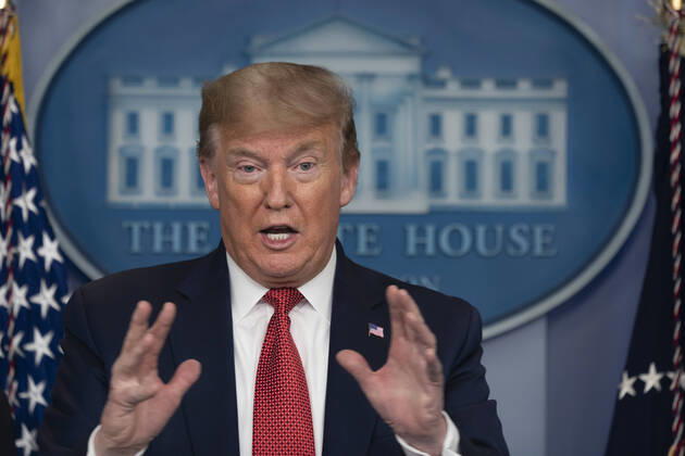 April 16, 2020, Washington, District of Columbia, USA: United States President Donald J. Trump participates in a news briefing with members of the Coronavirus Task Force at the White House in Washington, DC on April 16, 2020 Washington USA - ZUMAs152 20200416_zaa_s152_095 Copyright: xChrisxKleponisx