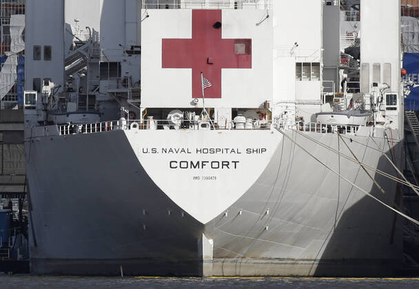 The USNS Comfort Navy ship remains docked at Pier 90 in New York City on Thursday, April 16, 2020. The USNS Comfort was originally designed to save lives in areas of war is now treating COVID-19 patients to help reduce the strain and pressure placed on the hospitals of New York City.  NYP20200416105 JOHNxANGELILLO