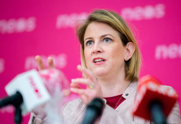 Wien 16.04.2020, Wien, AUT, Akutelle Entwicklungen zur Coronaerkrankung in Oesterreich, Pressekonferenz zum Thema Offene Fragen im Bildungsbereich, im Bild NEOS-Klubobfrau Beate Meinl-Reisinger NEOS-Klubobfrau Beate Meinl-Reisinger during a press conference on the subject Open questions in the education sector of Austrian Goverment about the Coronavirus Pandemie at the Wien, Austria on 2020 04 16.