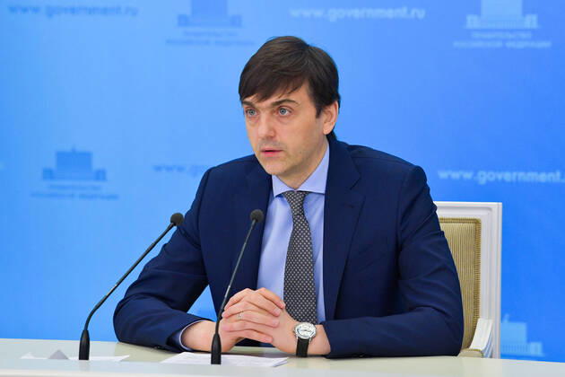 MOSCOW, RUSSIA - APRIL 17, 2020: Russia s Minister of Education Sergei Kravtsov gives a press briefing on end-of-year tests for the 2019 2020 academic year in Russian comprehensive schools. The education minister has announced that end-of-year tests for Year 4 to 11 school students have been postponed till autumn in connection with the pandemic of the novel coronavirus disease (COVID-19). Since March 2020, Russian schools, universities and other educational institutions have transitioned to online learning to counter the spread of the infection. Alexander Astafyev POOL TASS  TS0D6131