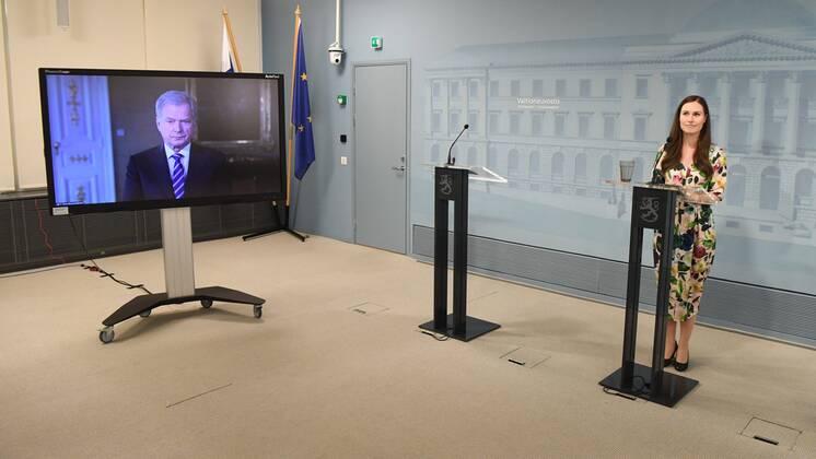 Prime Minister Sanna Marin introduced on April 17, 2020 in Helsinki, Finland Finnish Government s new Finland Forward campaign to strengthen psychological resilience to coronavirus crisis. President of the Republic of Finland Sauli Niinistö attended the event via video link. Helsinki Finland  Copyright: xJussixNukarix LKFTJ20200417140911CEGN