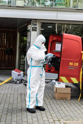 April 17, 2020, Barcelona, Barcelona, Spain: Members of the Barcelona Fire Department are preparing to disinfect a nursing home in the city of Barcelona for the second time during the fifth week after the Government decreed the state of alarm in Spain and recommended that people stay home to convatte the COVID-19 on April 17, 2020 in Barcelona, Spain. Barcelona Spain - ZUMAa181 20200417_zaa_a181_001 Copyright: xJavierxBorregox