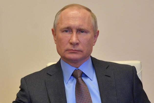MOSCOW REGION, RUSSIA - APRIL 17, 2020: Russia s President Vladimir Putin during a video conference meeting at the Novo-Ogaryovo residence on building and repurposing hospitals in Russian regions amid the ongoing COVID-19 coronavirus pandemic. Alexei Druzhinin Russian Presidential Press and Information Office TASS  TS0D61F5