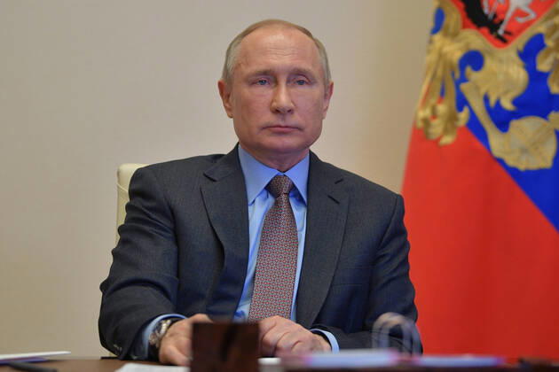 MOSCOW REGION, RUSSIA - APRIL 17, 2020: Russia s President Vladimir Putin during a video conference meeting at the Novo-Ogaryovo residence on building and repurposing hospitals in Russian regions amid the ongoing COVID-19 coronavirus pandemic. Alexei Druzhinin Russian Presidential Press and Information Office TASS  TS0D61F6