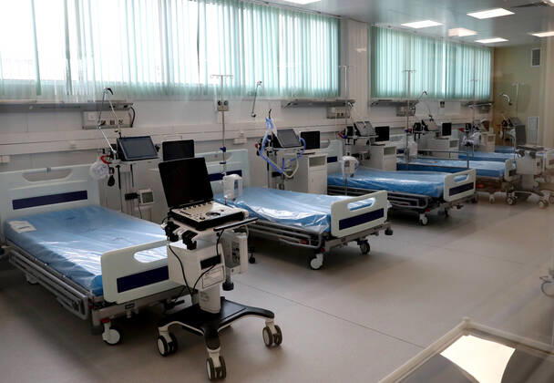 MOSCOW, RUSSIA - APRIL 17, 2020: Beds for patients in a new infectious diseases hospital for COVID-19 coronavirus patients in the village of Voronovskoye. Vladimir Gerdo TASS  TS0D6229