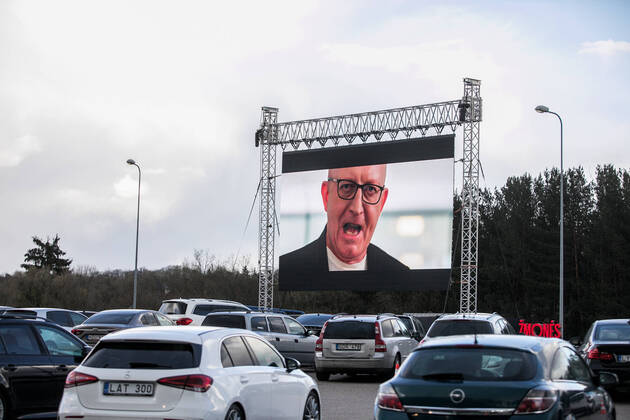 2020-04-17 Vilnius Lithuania. Drive-in cinema opens in Vilnius during quarantine. No more two people allowed in one car, it is forbidden to open car windows. Vilnius Lithuania  Copyright: xJuliusxKalinskasx drive in cinema vilnius auto