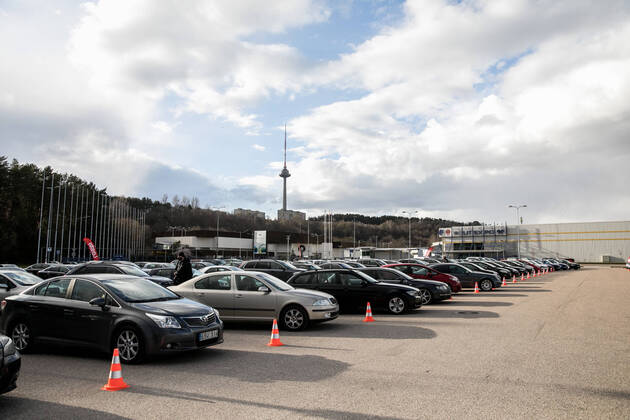 2020-04-17 Vilnius Lithuania. Drive-in cinema opens in Vilnius during quarantine. No more two people allowed in one car, it is forbidden to open car windows. Vilnius Lithuania  Copyright: xJuliusxKalinskasx drive in cinema vilnius auto