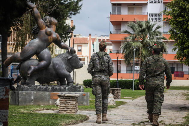 April 17, 2020: April 17, 2020 (Malaga) The lightweight group of Ronda cavalry of the third of the Legion is carrying out the tasks of surveillance in the town of RincoÂ³n de la Victoria by rural areas, streets and beaches. - ZUMAc161 20200417_zap_c161_025 Copyright: xLorenzoxCarnerox