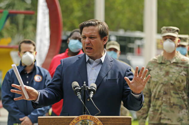 April 17, 2020, Fort Lauderdale, FL, USA: Florida Gov. Ron DeSantis talks to the media during a press conference at the Urban League of Broward County to announce that Florida s first two walk-through coronavirus testing sites will be opening in Broward County as the Novel Coronavirus pandemic continues on Friday, April 17, 2020 in Fort Lauderdale, Fla. The sites will open for testing on Saturday and will start with 200 tests per day, Gov. DeSantis said. Fort Lauderdale USA - ZUMAm67_ 20200417_zaf_m67_020 Copyright: xDavidxSantiagox