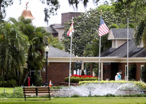 April 17, 2020, Seminole, Florida, USA: A look at the courtyard area as residents take an afternoon stroll at the Freedom Square Seminole Nursing Pavilion, 7800 Liberty Lane, on Friday, April 17, 2020 in Seminole. About 30 patients and staff members at a Pinellas County nursing home have tested positive for the coronavirus, county officials said. Several patients from Freedom Square Seminole Nursing Pavilion have been transferred to local hospitals, Assistant County Administrator Lourdes Benedict told the Tampa Bay Times. Other residents of the facility will be tested, officials said, and the grounds are being cleaned. Seminole USA - ZUMAs70_ 20200417_zan_s70_012 Copyright: xDirkxShaddx