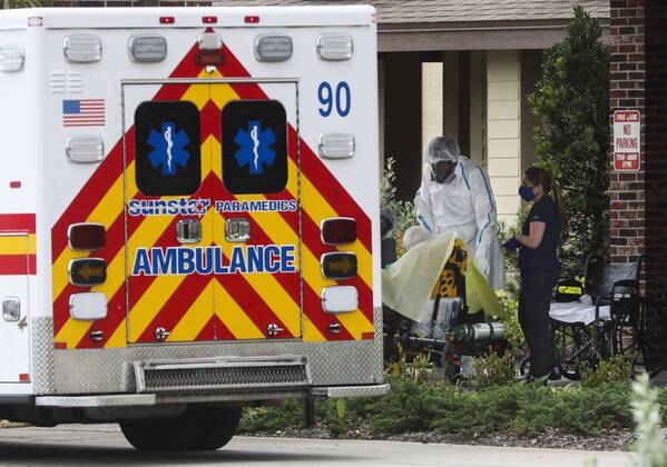 April 17, 2020, Seminole, Florida, USA: A patient is transported by ambulance from the Freedom Square Seminole Nursing Pavilion, 7800 Liberty Lane, on Friday, April 17, 2020 in Seminole. About 30 patients and staff members at a Pinellas County nursing home have tested positive for the coronavirus, county officials said. Several patients from Freedom Square Seminole Nursing Pavilion have been transferred to local hospitals, Assistant County Administrator Lourdes Benedict told the Tampa Bay Times. Other residents of the facility will be tested, officials said, and the grounds are being cleaned. Seminole USA - ZUMAs70_ 20200417_zan_s70_014 Copyright: xDirkxShaddx