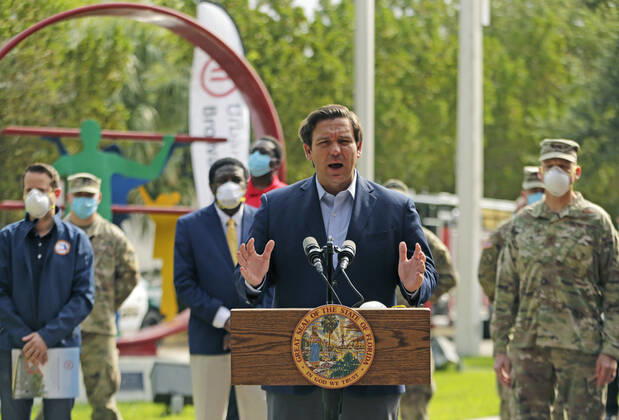 April 17, 2020, Fort Lauderdale, FL, USA: Florida Gov. Ron DeSantis talks to the media during a press conference at the Urban League of Broward County to announce that Florida s first two walk-through coronavirus testing sites will be opening in Broward County as the Novel Coronavirus pandemic continues on Friday, April 17, 2020 in Fort Lauderdale, Fla. The sites will open for testing on Saturday and will start with 200 tests per day, Gov. DeSantis said. Fort Lauderdale USA - ZUMAm67_ 20200417_zaf_m67_026 Copyright: xDavidxSantiagox
