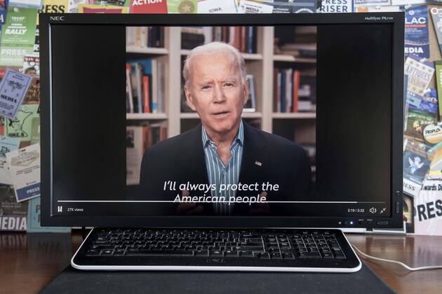 April 17, 2020 - Wilmington, Delaware - U.S. - A screen grab of former Vice President and presumptive Democratic presidential candidate JOE BIDEN speaking about the pandemic on a video released on his Twitter account. In his tweet he states, The uncomfortable truth is that Donald Trump left America exposed and vulnerable to this pandemic. He ignored the warnings of health experts and intelligence agencies and put his trust in China s leaders instead. Now, we re all paying the price. Wilmington U.S. - ZUMAce6_ 20200417_zaf_ce6_003 Copyright: xBrianxCahnx