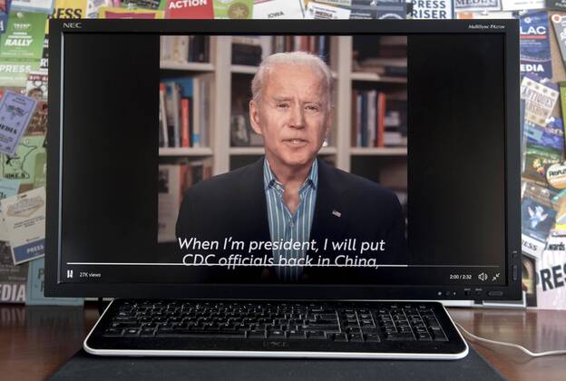 April 17, 2020 - Wilmington, Delaware - U.S. - A screen grab of former Vice President and presumptive Democratic presidential candidate JOE BIDEN speaking about the pandemic on a video released on his Twitter account. In his tweet he states, The uncomfortable truth is that Donald Trump left America exposed and vulnerable to this pandemic. He ignored the warnings of health experts and intelligence agencies and put his trust in China s leaders instead. Now, we re all paying the price. Wilmington U.S. - ZUMAce6_ 20200417_zaf_ce6_007 Copyright: xBrianxCahnx