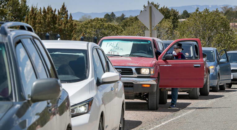 April 17, 2020, USA: Pat D Andrea, from Santa Fe, takes part in a group protesting from their vehicles outside the Governor s Mansion in Santa Fe, Friday April 17, 2020. The protest that consist of 13 vehicles were there to send a message to the Governor to release all the inmates from the jails and prisons in the state due to the COVID-19 outbreak. They are also asking her to put pressure on ICE to release immigrants from detention. USA - ZUMAab1_ 20200417_zaf_ab1_004 Copyright: xEddiexMoorex