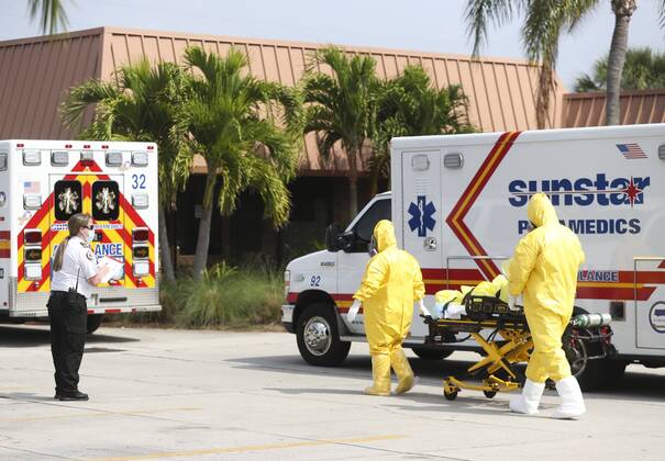 April 17, 2020, Seminole, Florida, USA: The remaining 39 residents are evacuated from Freedom Square of Seminole, Friday, April 17, 2020 in Seminole. Three nursing home residents have died of the coronavirus in an outbreak that has afflicted Freedom Square of Seminole, a sprawling retirement community that has seen dozens of residents hospitalized because of the virus, officials said. Seminole USA - ZUMAs70_ 20200417_zan_s70_025 Copyright: xDirkxShaddx
