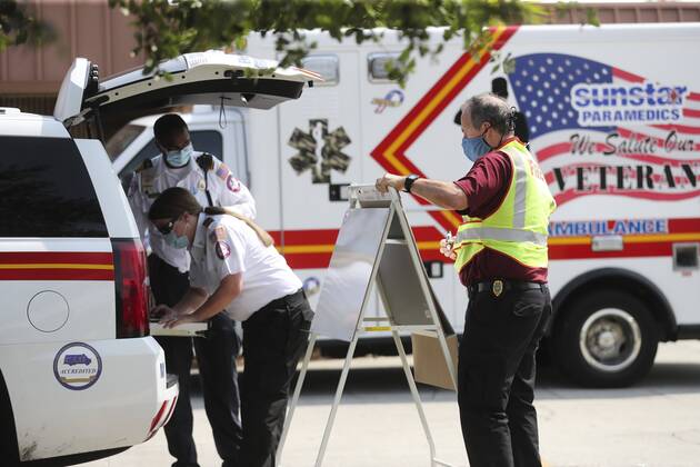 April 17, 2020, Seminole, Florida, USA: Officials prepare to keep track of the patients moments before the remaining 39 residents are evacuated from Freedom Square of Seminole, Friday, April 17, 2020 in Seminole. Three nursing home residents have died of the coronavirus in an outbreak that has afflicted Freedom Square of Seminole, a sprawling retirement community that has seen dozens of residents hospitalized because of the virus, officials said. Seminole USA - ZUMAs70_ 20200417_zan_s70_031 Copyright: xDirkxShaddx