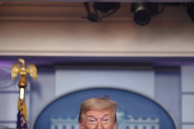 April 17, 2020, Washington, District of Columbia, USA: United States President Donald J. Trump speaks during a press briefing with members of the coronavirus task force in the Brady Press Briefing Room of the White House on April 17, 2020 in Washington, DC Washington USA - ZUMAs152 20200417_zaa_s152_005 Copyright: xOliverxContrerasx