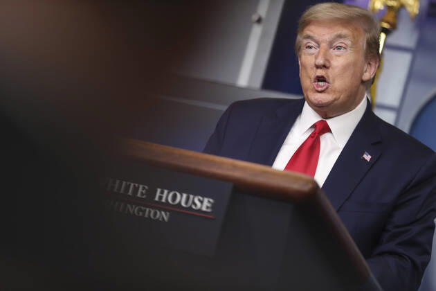 April 17, 2020, Washington, District of Columbia, USA: United States President Donald J. Trump speaks during a press briefing with members of the coronavirus task force in the Brady Press Briefing Room of the White House on April 17, 2020 in Washington, DC Washington USA - ZUMAs152 20200417_zaa_s152_010 Copyright: xOliverxContrerasx