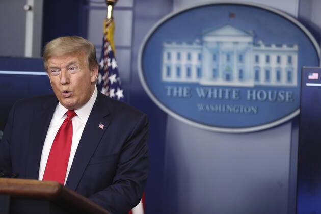 President Donald Trump speaks during a press briefing with members of the coronavirus task force in the Brady Press Briefing Room of the White House on Friday, April 17, 2020 in Washington, DC.  WAX20200417207 OLIVERxCONTRERAS