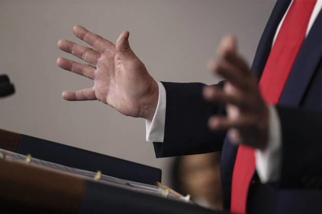 President Donald Trump speaks during a press briefing with members of the coronavirus task force in the Brady Press Briefing Room of the White House on Friday, April 17, 2020 in Washington, DC.  WAX20200417211 OLIVERxCONTRERAS