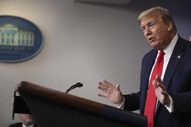 President Donald Trump speaks during a press briefing with members of the coronavirus task force in the Brady Press Briefing Room of the White House on Friday, April 17, 2020 in Washington, DC.  WAX20200417212 OLIVERxCONTRERAS