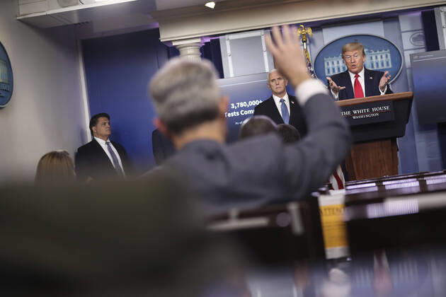 April 17, 2020, Washington, District of Columbia, USA: United States President Donald J. Trump speaks during a press briefing with members of the coronavirus task force in the Brady Press Briefing Room of the White House on April 17, 2020 in Washington, DC. At left is US Vice President Mike Pence Washington USA - ZUMAs152 20200417_zaa_s152_022 Copyright: xOliverxContrerasx