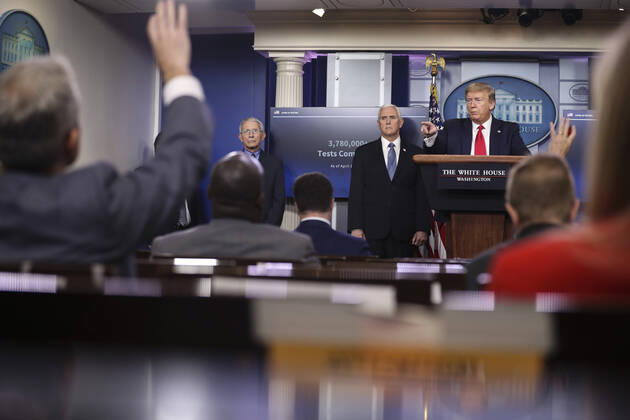 April 17, 2020, Washington, District of Columbia, USA: United States President Donald J. Trump speaks during a press briefing with members of the coronavirus task force in the Brady Press Briefing Room of the White House on April 17, 2020 in Washington, DC. From left to right: Director of the National Institute of Allergy and Infectious Diseases at the National Institutes of Health Dr. Anthony Fauci; US Vice President Mike Pence; the President Washington USA - ZUMAs152 20200417_zaa_s152_025 Copyright: xOliverxContrerasx