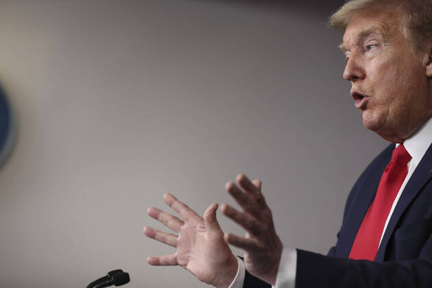 April 17, 2020, Washington, District of Columbia, USA: United States President Donald J. Trump speaks during a press briefing with members of the coronavirus task force in the Brady Press Briefing Room of the White House on April 17, 2020 in Washington, DC Washington USA - ZUMAs152 20200417_zaa_s152_027 Copyright: xOliverxContrerasx