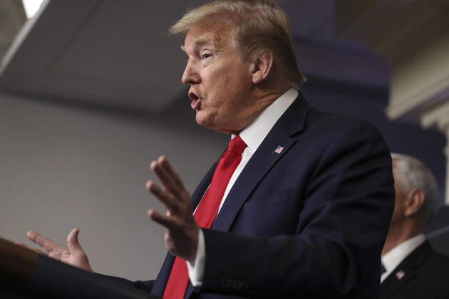 April 17, 2020, Washington, District of Columbia, USA: United States President Donald J. Trump speaks during a press briefing with members of the coronavirus task force in the Brady Press Briefing Room of the White House on April 17, 2020 in Washington, DC Washington USA - ZUMAs152 20200417_zaa_s152_031 Copyright: xOliverxContrerasx