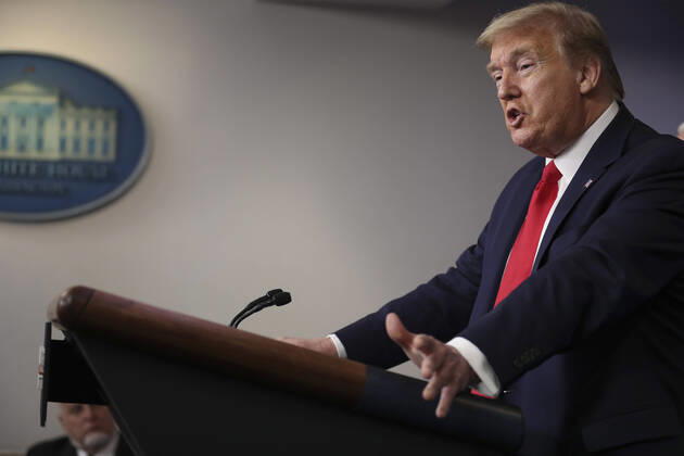 April 17, 2020, Washington, District of Columbia, USA: United States President Donald J. Trump speaks during a press briefing with members of the coronavirus task force in the Brady Press Briefing Room of the White House on April 17, 2020 in Washington, DC Washington USA - ZUMAs152 20200417_zaa_s152_032 Copyright: xOliverxContrerasx